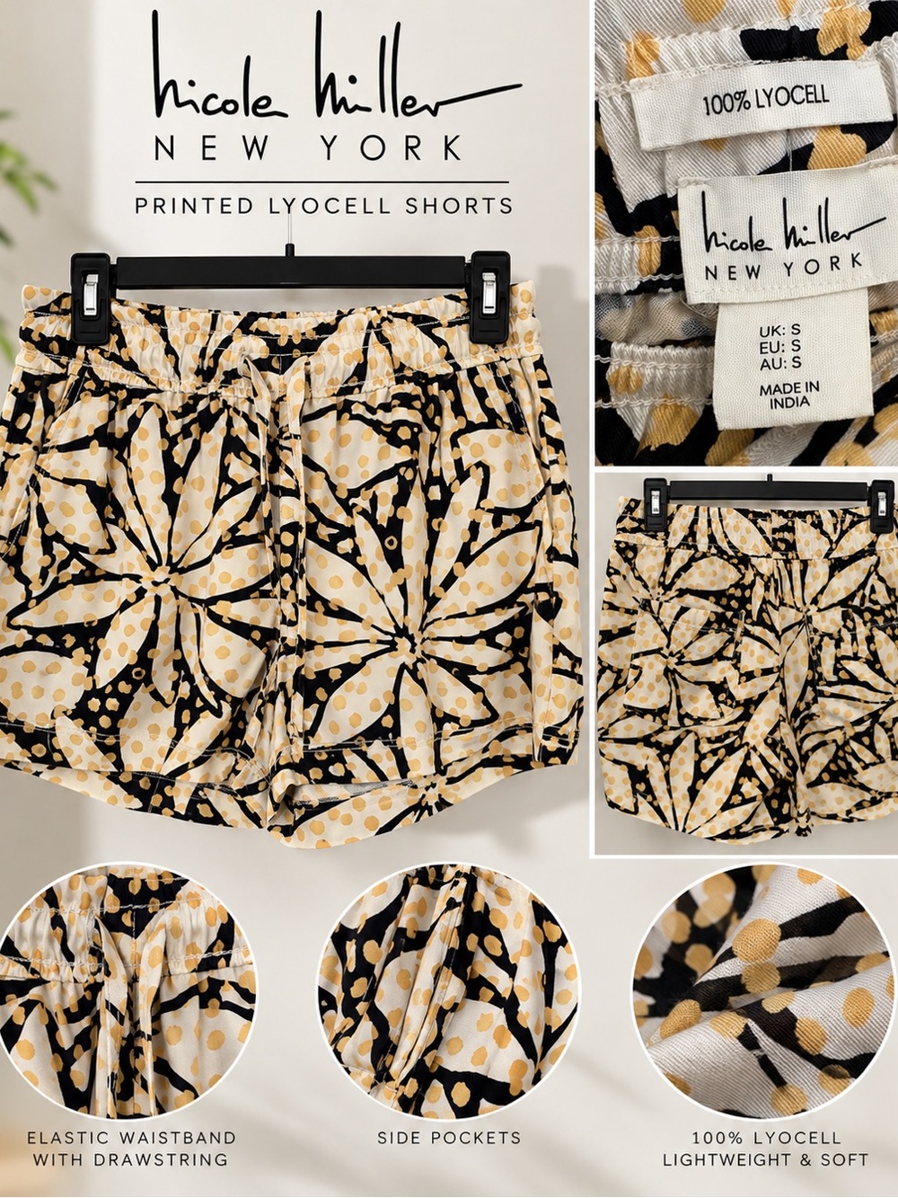 Nicole Miller Black & Cream Floral-Spot High Waist Shorts